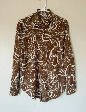 Princess Polly Marble Mae Button Up Satin Shirt Multicolor Brown/Tan Size 4 thumbnail 1