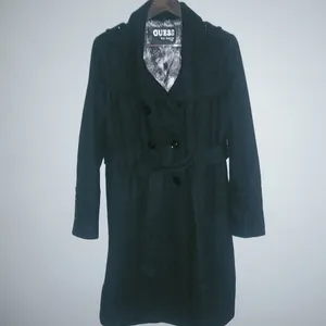 Guess L Full Length Logo Lined Pea Coat Double Breasted Belted Wool in Black thumbnail 5