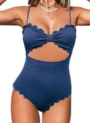 Cupshe - 1 pc. Black Knotted Scalloped Trim Cutout swimsuit - Medium Dark Blue thumbnail 1