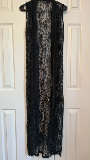 Black Lace Duster Vest – Long Sheer Layering Piece thumbnail 2