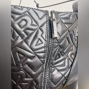 NWT Karl Lagerfeld Boots Paris Petria Logo Quilted Square Toe Black Heeled Ankle thumbnail 5