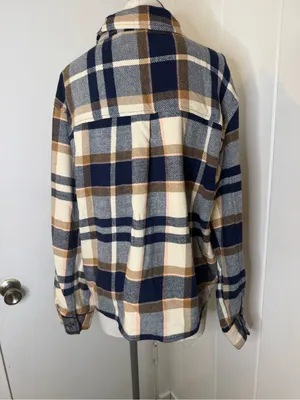 Sanctuary Plaid Jean Shacket in Navy, Tan and Cream Sz L thumbnail 3