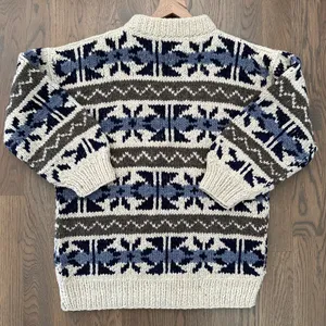 Anthropologie Vintage Heavy Knit 100% Wool Fair Isle Crewneck Sweater Cream, Blue, Brown M thumbnail 8