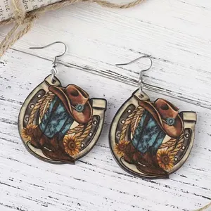 Western style wooden with‎ sunflower shape pattern drop hook earrings Brown thumbnail 6