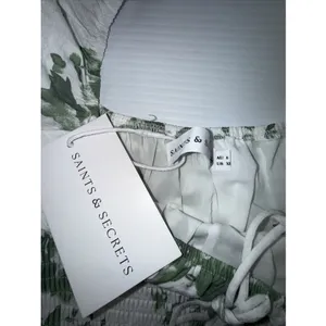 Saints + secrets Midi Dress White Olive Floral Puff Sleeve Scoop Neck‎ XS NWT thumbnail 6