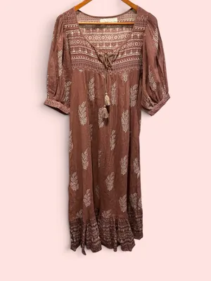 Daughters of India Mishka floral cocoa tassel metallic thread maxi dress boho thumbnail 3