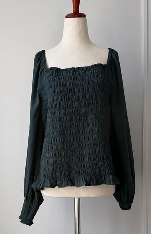 Madewell Dark Green Smocked Blouse Size XL Long Sleeve Casual Top thumbnail 1