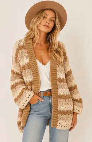 Altar'd State Stripe Chunky Knit Cardigan Brown Tan Cream Boho Oversized S Layer thumbnail 1