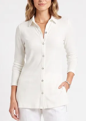 H by Halston Top Women XS White Ribbed Knit Long Sleeve Button-Down Good thumbnail 1