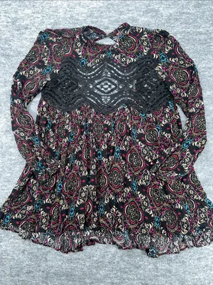 Free People Boho Lace-Panel Floral Tunic Top in Black, Burgundy, Teal thumbnail 3