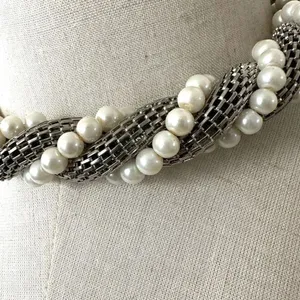 Silver tone and faux pearl mesh twisted choker necklace thumbnail 2