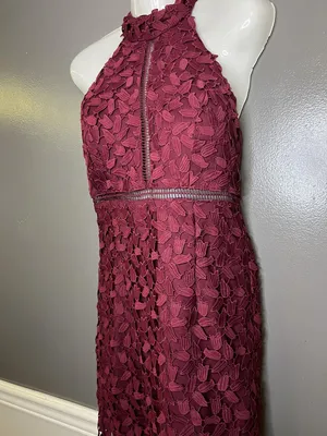 Bardot Dress Womens 6 Red Lace Halter Backless Sheath Midi Floral Party thumbnail 5