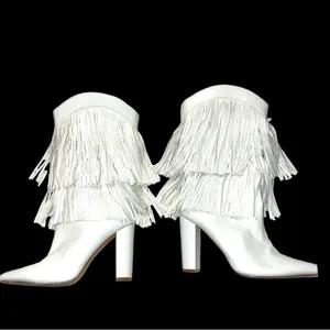 White super cute urban cowgirl style double fringed heeled boots! thumbnail 2