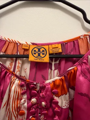 Tory Burch Silk Fuchsia Pink Beetle Print Pom-Pom Blouse thumbnail 3