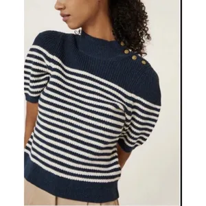 Maeve Sweater Womens Large Divendra Navy Cream Stripe Button Shoulder Nautical ￼ thumbnail 7