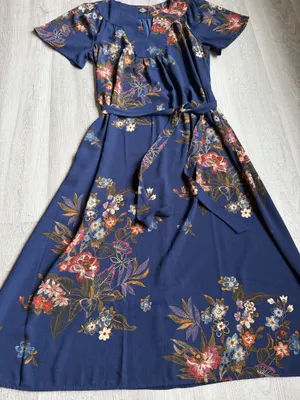 Cali Style Floral Midi Dress Blue Belted Short Sleeve Boho Casual thumbnail 1