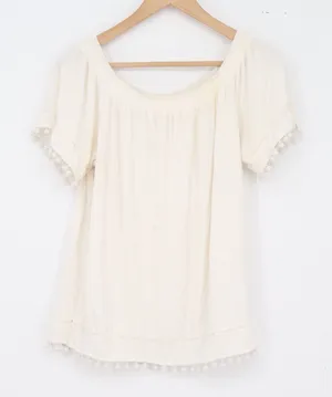 Wishlist Top Womens L Boho Off The Shoulder Cream Pom Pom Trim Excellent thumbnail 1