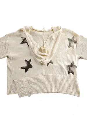 POL Distressed Star Print Knit Hoodie Sweater Cream Ivory Small Like New thumbnail 3