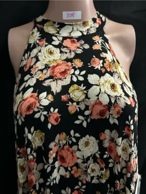 Vibe Sportswear Floral Halter Swing Dress Black Coral & Cream Roses LG NWT thumbnail 7