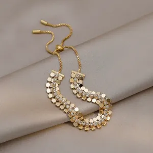 18K Gold Plated Adjustable Crystal Metal Sequin Charm Bracelet for Women thumbnail 3