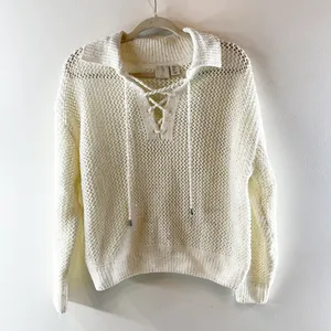 Joie Long Sleeve Lace Up Collared Crochet Polo Sweater Cream White Small thumbnail 2