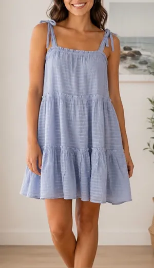 Altar'd State Light Blue Tiered Mini Dress Textured Tie Strap Sundress Size S thumbnail 1