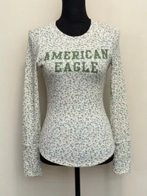 American Eagle Outfitters White Floral Long-Sleeve Tee with Green Logo thumbnail 1