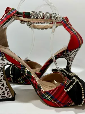 Betsey Johnson Guliana Red Plaid Black Bow Animal Print Heels Sz 8 Crystals Glam thumbnail 4