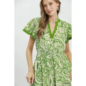 Umgee Paisley Print Midi Dress with Side Pockets - Green - Small thumbnail 5