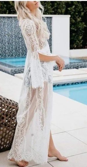 White lace mesh kimono cardigan cover up swim cover up thumbnail 3