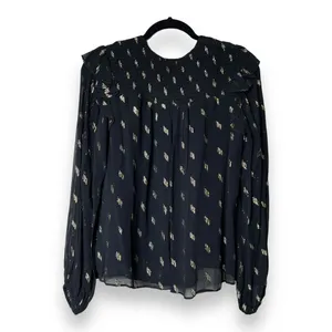 WHISTLES Metallic Dobby Ruffle Long Sleeve Blouse black‎ gold sheer Size 8 thumbnail 2