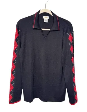 Talbots Vintage Black Red Argyle Long Sleeve V-Neck Polo Sweater SZ L thumbnail 1