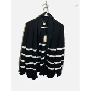 A‎ New Day Cardigan Women M Black Striped Shawl Collar Pockets Casual Nautical thumbnail 2