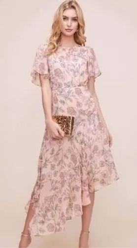 ASTR The‎ Label Pink Floral Metallic Asymmetric Midi Dress Flutter Sleeve Large thumbnail 1