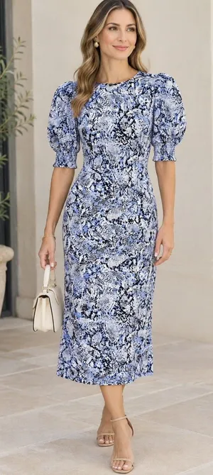 Chico's Blue Veil Snake Print Smocked Puff Sleeve Midi Dress W/ Pockets Size 0 thumbnail 1