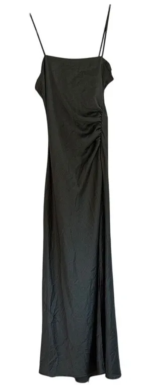 Zara Womens Dark Olive Green Satin Ruched Cami Slip Maxi Dress Size XS 90s Style thumbnail 1