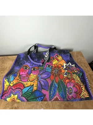 Laurel Burch Laurel's Garden Cats Floral Large Canvas Tote Bag Purple 20" thumbnail 2