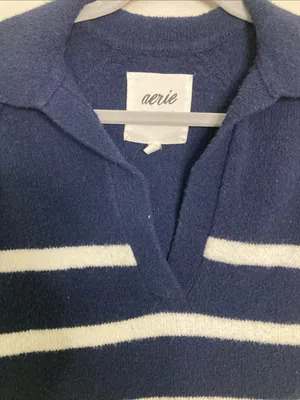 aerie Navy & White Striped V‑Neck Polo Sweater thumbnail 5