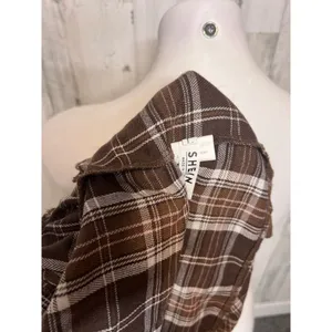 SHEIN Plaid Contrast Collar Tie Front Crop Top Womens Large Brown Lantern Sleeve thumbnail 2