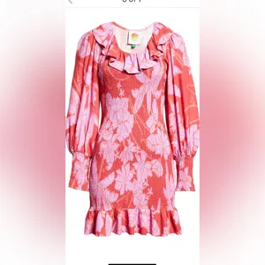 Farm Rio dress living nature pink red women’s medium long‎ puff sleeve thumbnail 5