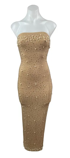 NEW PrettyLittleThing Gold Bandeau Tube Beaded Rhinestone Maxi Bodycon Dress 4 thumbnail 1