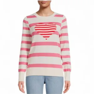 Pink Cream Striped Crewneck Knot Sweater Heart Lightweight Pullover Womens XL thumbnail 2