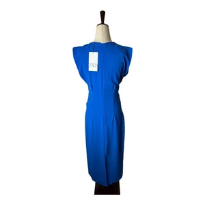 Zara Dress Women Medium Royal Blue Ruched V‎ Neck Sleeveless Midi NWT Party thumbnail 3