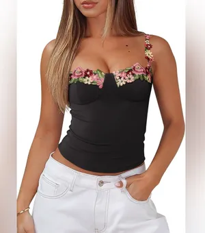 NEW Black Floral Bustier Corset Tops Spaghetti Strap Tank Top Y2K S thumbnail 1
