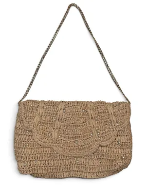 NWOT J.Crew Raffia Straw Small 9 x 6" Purse or Clutch Bag Pearls Gold Chain thumbnail 1