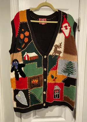 VTG 80s Cambridge Country Store Size L Christmas Sweater Vest Cotton Patchwork thumbnail 1