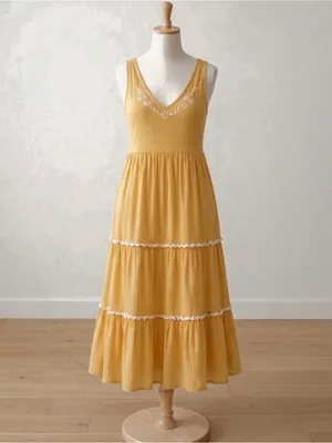 NEW Joie Mustard Sleeveless Tiered Midi Dress with Waist Sash SIZE 8 Boho thumbnail 3