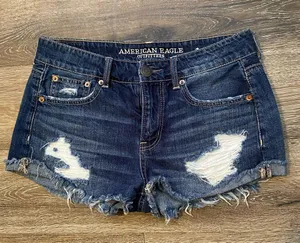 American Eagle Outfitters TOMGIRL Dark Wash Distressed Shorties Size 2 thumbnail 1