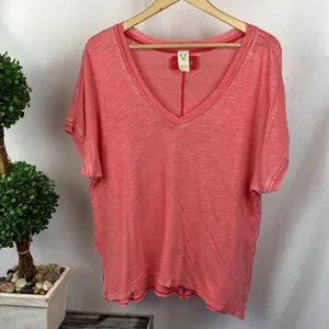We The Free People Linen Blend Red Short Sleeve Tee T Shirt Top S thumbnail 2