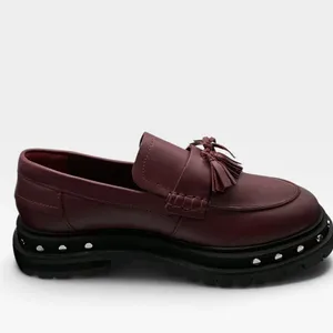 Free People Women Burgundy Leather Studded Tassel Platform Lug Sole Loafers 10 thumbnail 9